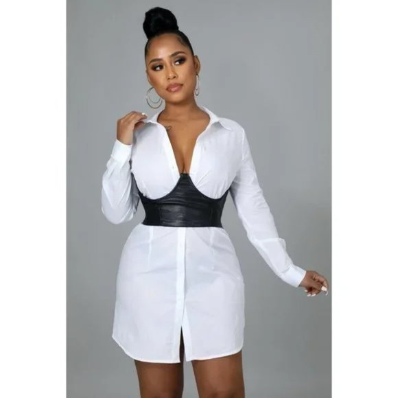 White Long Sleeve Mini Shirt Dress with Black Faux Leather Corset Belt - Picture 12 of 14